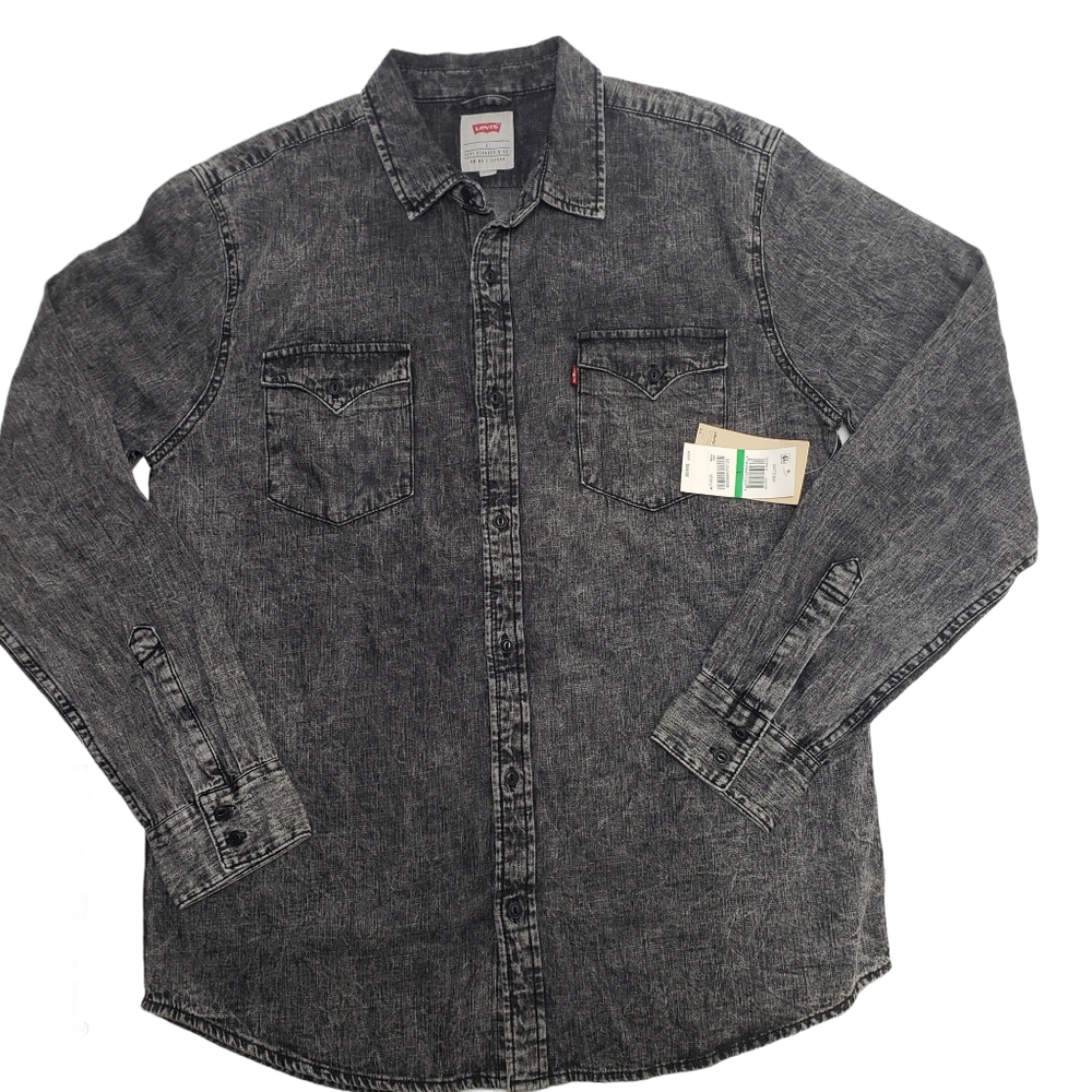 Levis Matthew Black Denim Button Down Long Sleeve Shirt Size L New